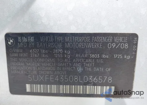 2008 BMW X5 3.0Si z USA, uszkodzony, nr VIN 5UXFE43508L036578